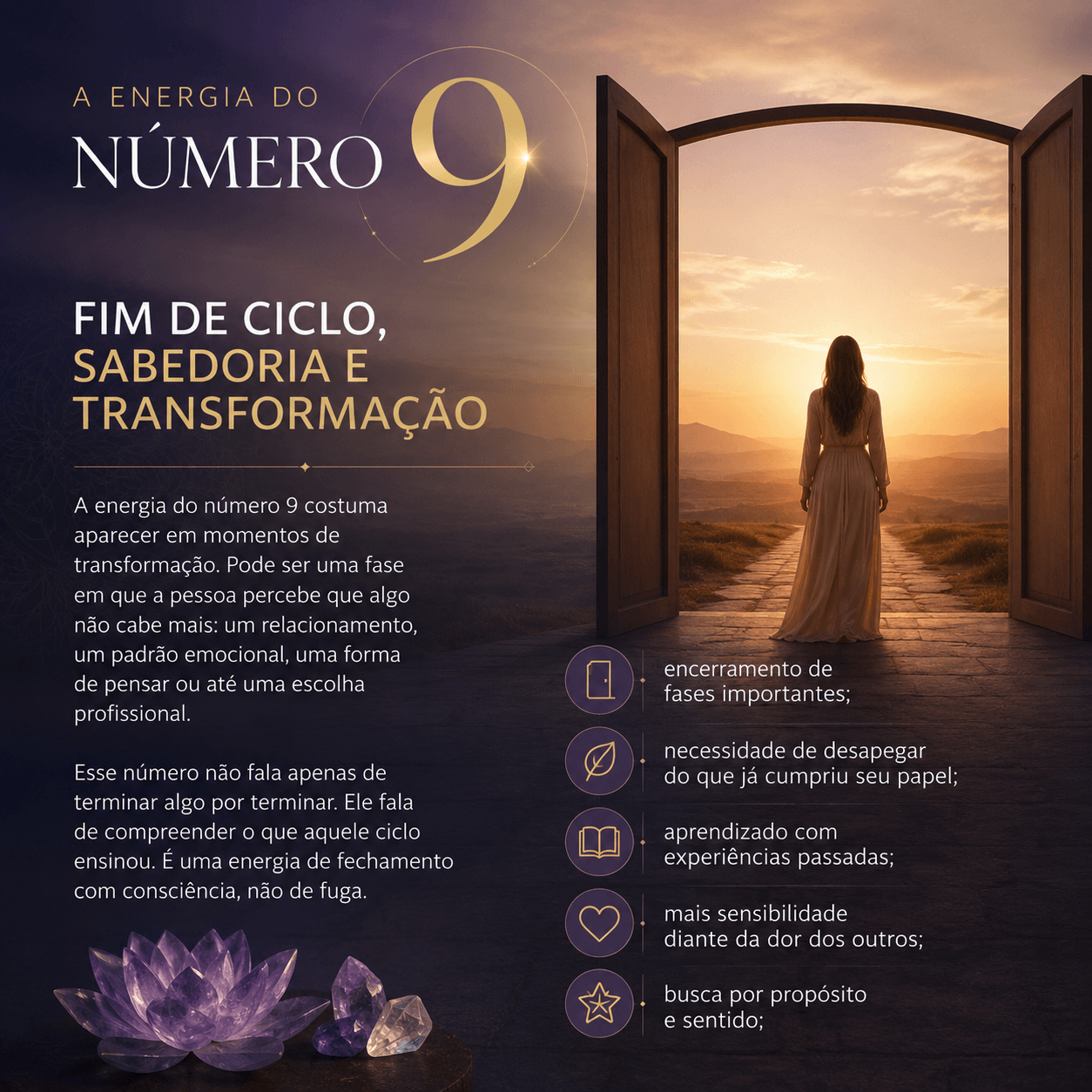 Imagem ilustrativa sobre a energia do número 9 na numerologia, representando fim de ciclo, sabedoria e transformação.