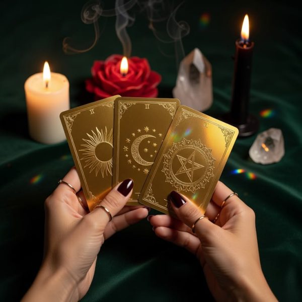 Consulta de tarot online com cartas, velas e elementos místicos